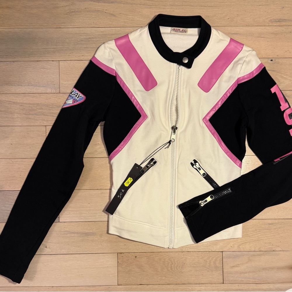 Y2K REPLAY Women's Cream, Pink, and Black Bomber Jacket